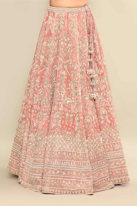 Kalighata_Pink Velvet, Net Sequins, Embroidery Plunge Neck Bridal Lehenga Set _Online_at_Aza_Fashions