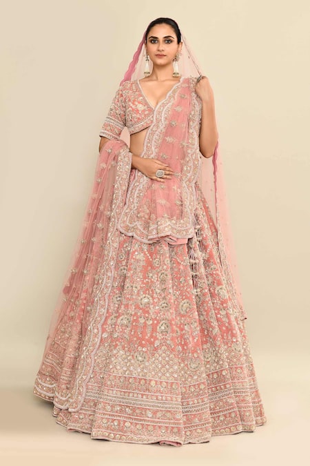 Buy_Kalighata_Pink Velvet, Net Sequins, Embroidery Plunge Neck Bridal Lehenga Set _Online_at_Aza_Fashions