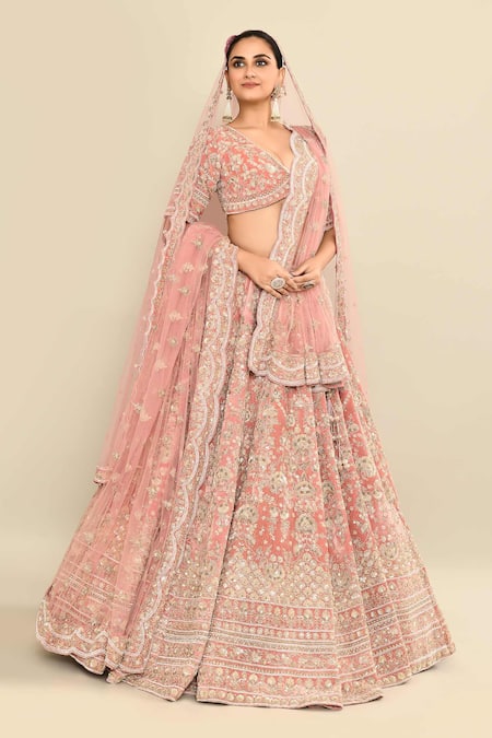 Shop_Kalighata_Pink Velvet, Net Sequins, Embroidery Plunge Neck Bridal Lehenga Set _Online_at_Aza_Fashions
