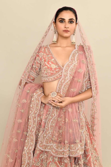 Kalighata_Pink Velvet, Net Sequins, Embroidery Plunge Neck Bridal Lehenga Set _at_Aza_Fashions