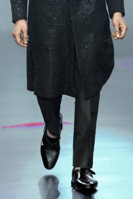 Rabani & Rakha Black Georgette, Cotton, Silk Sequins Embroidered Sherwani Set Online at Aza Fashions Rabani & Rakha_Black Georgette, Cotton, Silk Sequins Embroidered Sherwani Set _Online_at_Aza_Fashions