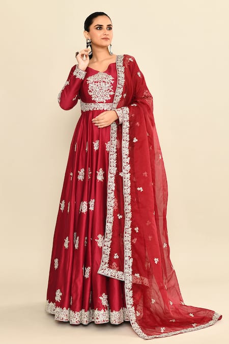 Kalighata_Maroon Chanderi Embroidery, Zari Asymmetric Floral Zardozi Anarkali Set _Online_at_Aza_Fashions