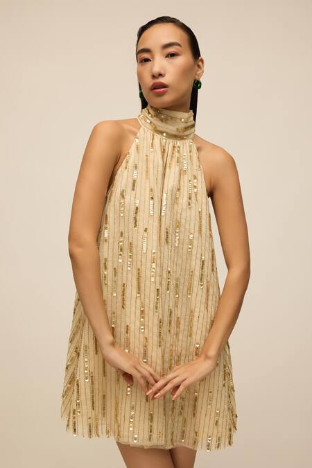 House Of Eda_Gold 100% Nylon Hand Embellished Sequin Halter Neck Dress _Online_at_Aza_Fashions