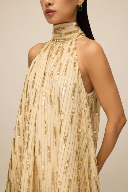 Buy_House Of Eda_Gold 100% Nylon Hand Embellished Sequin Halter Neck Dress _Online_at_Aza_Fashions