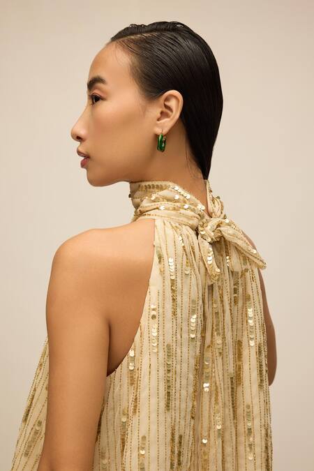 Shop_House Of Eda_Gold 100% Nylon Hand Embellished Sequin Halter Neck Dress _Online_at_Aza_Fashions
