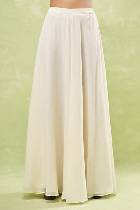 Samyukta Singhania_Cream Georgette, Silk Mirrors, Embroidery Plunge Neck, Round Jacket And Skirt Set _Online_at_Aza_Fashions