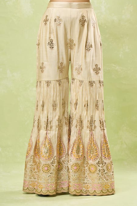 Shop_Samyukta Singhania_Beige Tussar, Silk Embroidery, Gota Patti, Zari Scoop Neck Sharara Set