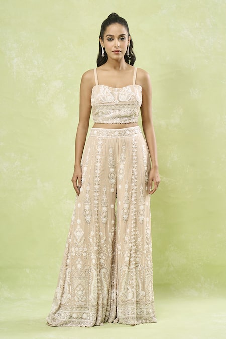 Buy_Samyukta Singhania_Beige Georgette Sequins, Cut Work, Beads Paisley Embroidered Jacket Sharara Set