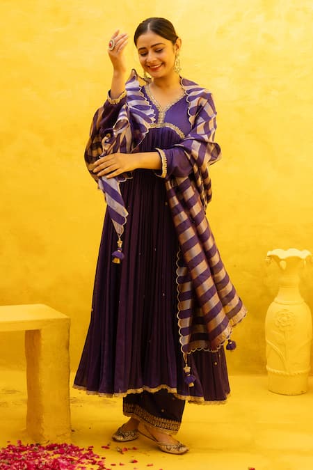 Mithi Supari_Yellow Silk, Chanderi Zari V-neck Zardozi Embroidered Anarkali Set _Online_at_Aza_Fashions