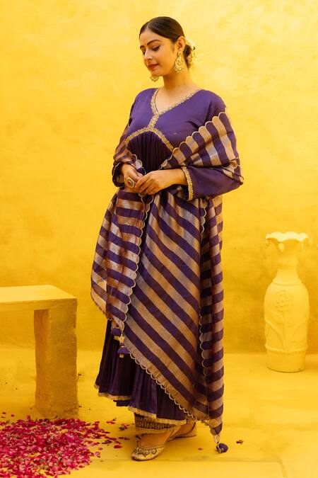 Shop_Mithi Supari_Yellow Silk, Chanderi Zari V-neck Zardozi Embroidered Anarkali Set _Online_at_Aza_Fashions