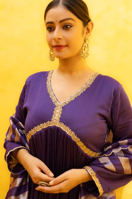 Mithi Supari_Yellow Silk, Chanderi Zari V-neck Zardozi Embroidered Anarkali Set _at_Aza_Fashions