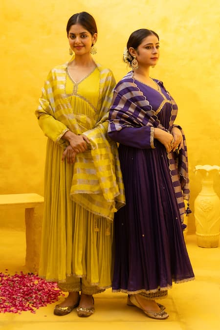 Mithi Supari_Purple Chanderi, Silk, Tissue Zari, Embroidery V-neck Zardozi Anarkali Set _Online_at_Aza_Fashions