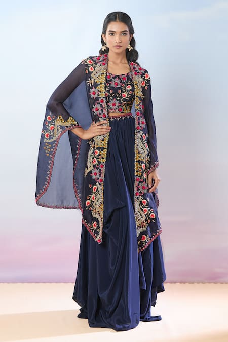 Samyukta Singhania Floral Hand Embroidered Cape With Draped Skirt Set 