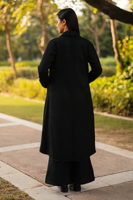 Shop_Raas Life_Black Merino Wool Solid Open A-line Jacket And Pant Set _at_Aza_Fashions