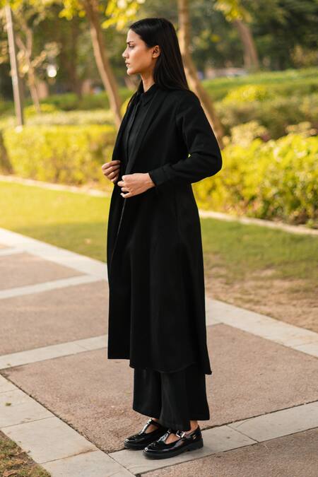 Raas Life_Black Merino Wool Solid Open A-line Jacket And Pant Set _Online_at_Aza_Fashions