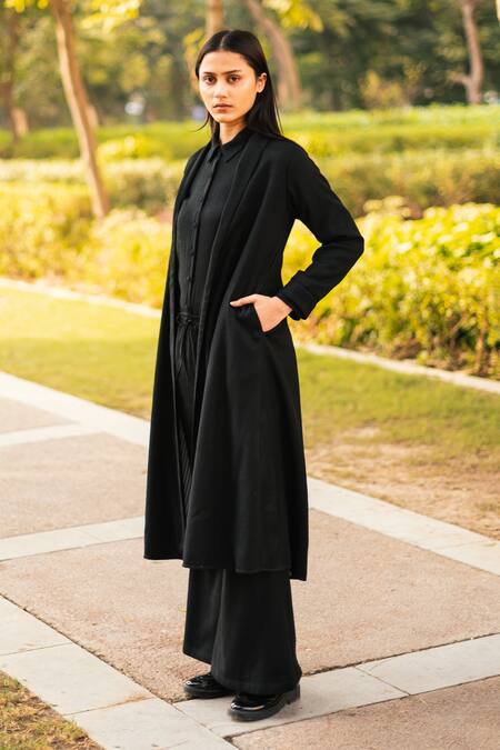 Buy_Raas Life_Black Merino Wool Solid Open A-line Jacket And Pant Set _Online_at_Aza_Fashions