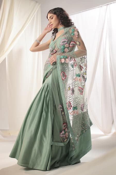 Shweta Aggarwal_Blue Net, Chanderi Sequins, Fabric Floral 3d Pre-draped Concept Saree Set _Online_at_Aza_Fashions