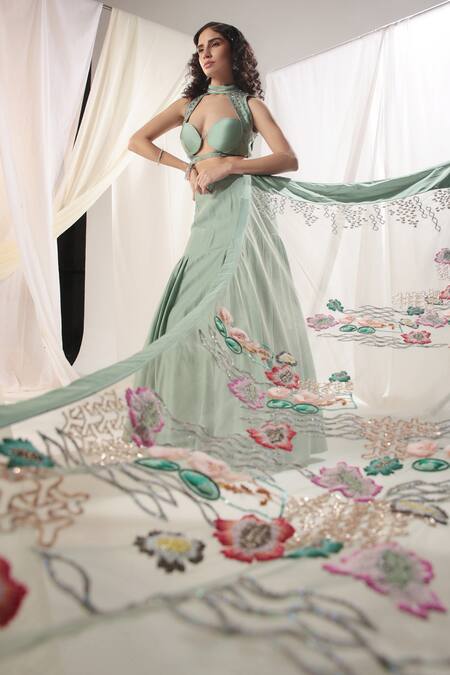 Shop_Shweta Aggarwal_Blue Net, Chanderi Sequins, Fabric Floral 3d Pre-draped Concept Saree Set _Online_at_Aza_Fashions
