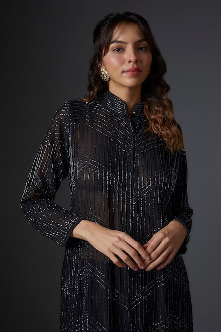 Buy_Studio A_Black Georgette Cut Work Mandarin Collar Cutdana Embroidered Jacket Kurta Set _Online_at_Aza_Fashions