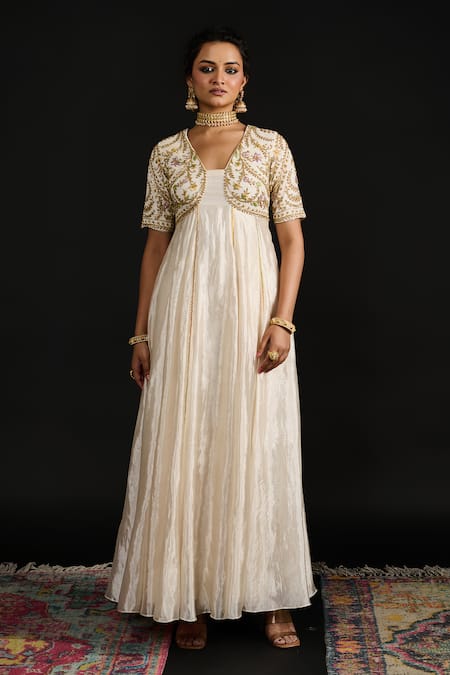 Reeti Arneja Ivory Tissue, Net, Lycra Embroidery Collared Bahar Anarkali Set Online at Aza Fashions Reeti Arneja_Ivory Tissue, Net, Lycra Embroidery Collared Bahar Anarkali Set _Online_at_Aza_Fashions