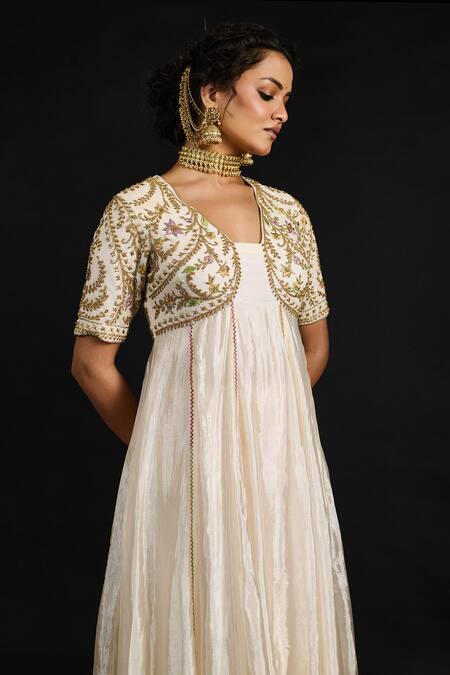 Shop Reeti Arneja Ivory Tissue, Net, Lycra Embroidery Collared Bahar Anarkali Set Online at Aza Fashions Shop_Reeti Arneja_Ivory Tissue, Net, Lycra Embroidery Collared Bahar Anarkali Set _Online_at_Aza_Fashions