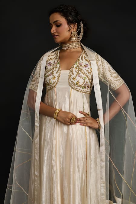 Reeti Arneja Ivory Tissue, Net, Lycra Embroidery Collared Bahar Anarkali Set at Aza Fashions Reeti Arneja_Ivory Tissue, Net, Lycra Embroidery Collared Bahar Anarkali Set _at_Aza_Fashions