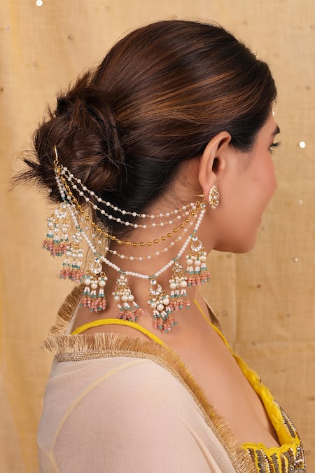Shlok Jewels Pearl & Kundan Tassel Earchains Set 