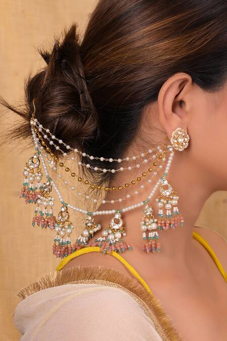 Shlok Jewels_Multi Color Pearl And Kundan Tassel Earchains Set _Online_at_Aza_Fashions