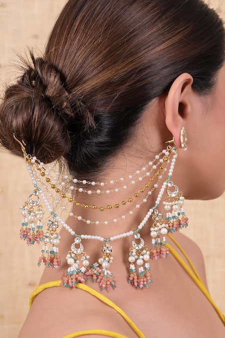 Buy_Shlok Jewels_Multi Color Pearl And Kundan Tassel Earchains Set _Online_at_Aza_Fashions