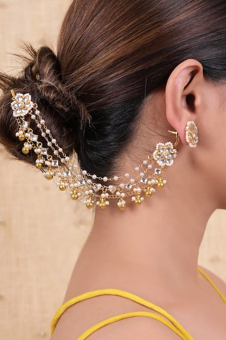 Shlok Jewels Pearl & Kundan Bloom Earchains Set 
