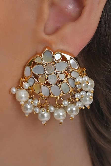 Shlok Jewels_White Pearls Gold Plated Chand Bloom Pendant And Earrings _Online_at_Aza_Fashions