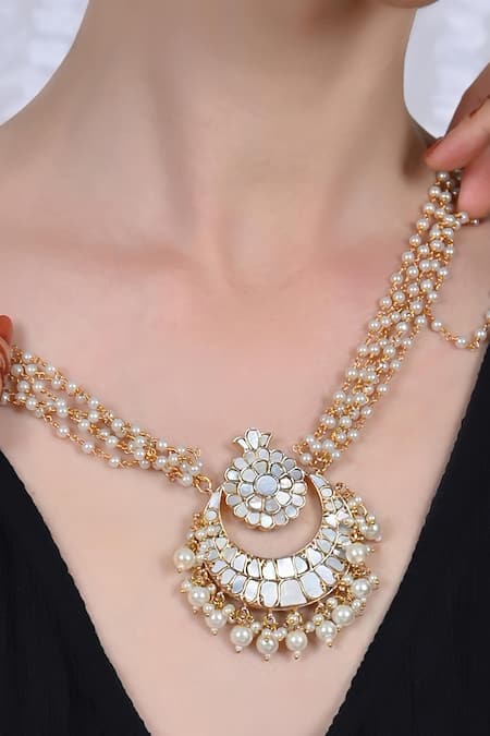 Shlok Jewels White Gold Plated Noor Chand Bloom Pendant Online at Aza Fashions Shlok Jewels_White Gold Plated Noor Chand Bloom Pendant _Online_at_Aza_Fashions