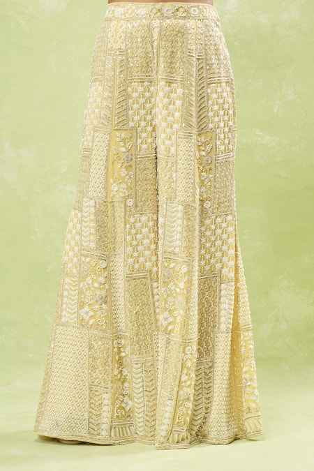 Shop_Samyukta Singhania_Yellow Georgette Sequins, Beads, Embroidery Geometric Jacket Sharara Set