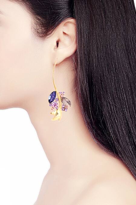 Ornamaas_Gold Plated Crystals, Cut Work And Purple Flora Vine Dangler Earrings _Online_at_Aza_Fashions