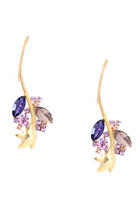 Buy_Ornamaas_Gold Plated Crystals, Cut Work And Purple Flora Vine Dangler Earrings _Online_at_Aza_Fashions