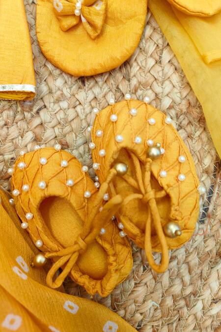 Lil Angels_Yellow Silk Beads, Sequins Sunny Day Embroidered Top And Bandhani Lehenga Set _Online_at_Aza_Fashions