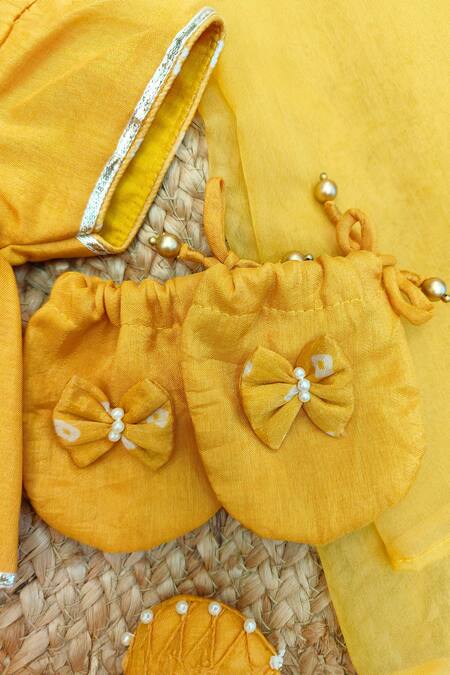 Buy_Lil Angels_Yellow Silk Beads, Sequins Sunny Day Embroidered Top And Bandhani Lehenga Set _Online_at_Aza_Fashions