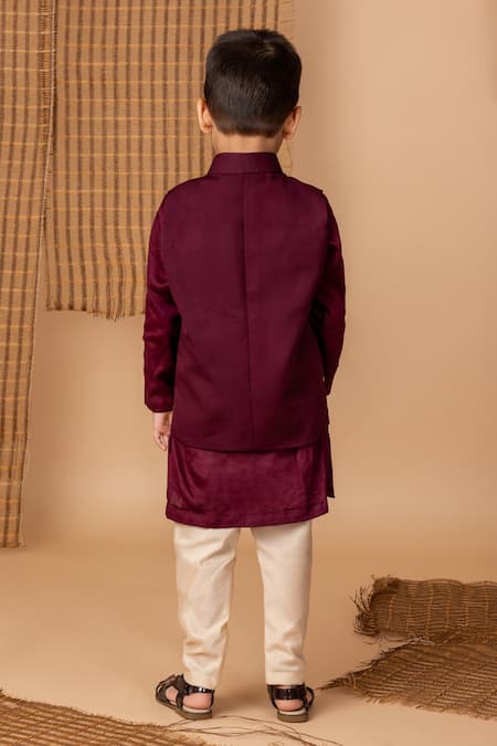 Shop Lil Angels Wine Silk Sequins, Diamonds Dori And Peacock Embroidered Kurta Set at Aza Fashions Shop_Lil Angels_Wine Silk Sequins, Diamonds Dori And Peacock Embroidered Kurta Set _at_Aza_Fashions