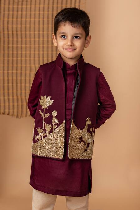 Lil Angels Wine Silk Sequins, Diamonds Dori And Peacock Embroidered Kurta Set Online at Aza Fashions Lil Angels_Wine Silk Sequins, Diamonds Dori And Peacock Embroidered Kurta Set _Online_at_Aza_Fashions