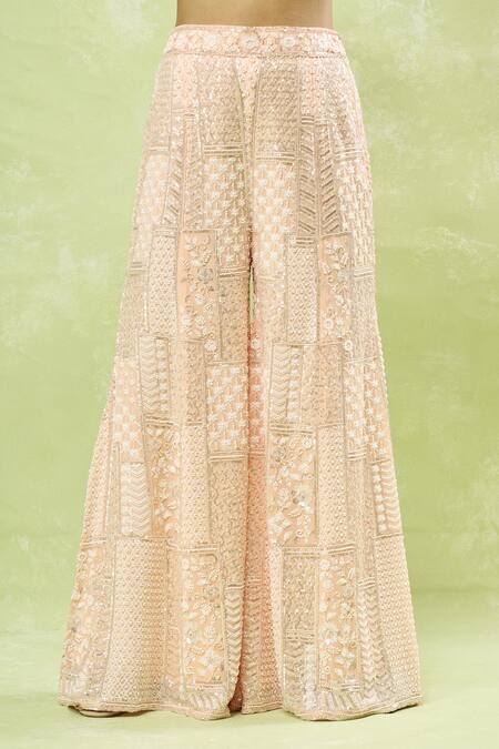 Buy_Samyukta Singhania_Peach Georgette Sequins, Beads, Embroidery Sweetheart Neck, Jacket Sharara Set