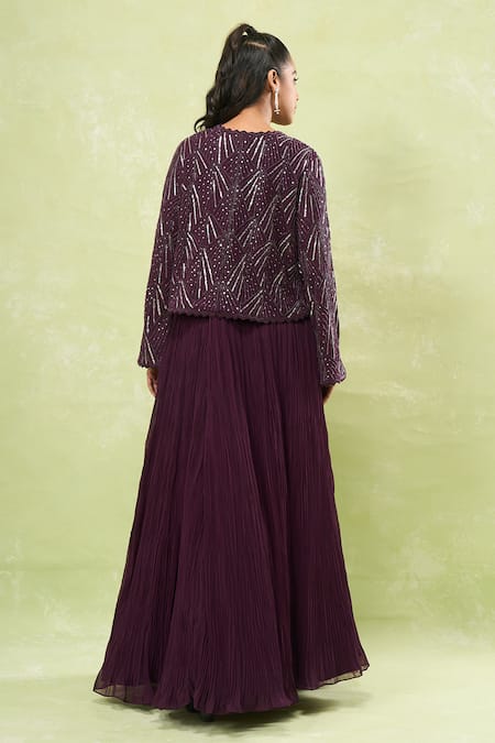 Samyukta Singhania_Wine Georgette Sequins, Beads V-neck, Round Embroidered Jacket And Lehenga Set _Online_at_Aza_Fashions