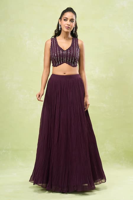 Shop_Samyukta Singhania_Wine Georgette Sequins, Beads V-neck, Round Embroidered Jacket And Lehenga Set _Online_at_Aza_Fashions