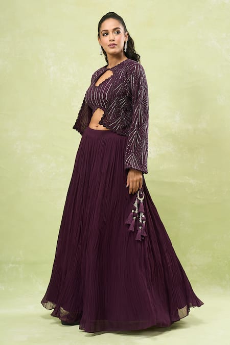 Samyukta Singhania_Wine Georgette Sequins, Beads V-neck, Round Embroidered Jacket And Lehenga Set _at_Aza_Fashions