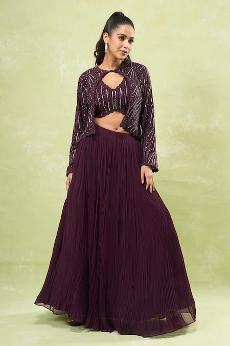 Buy_Samyukta Singhania_Wine Georgette Sequins, Beads V-neck, Round Embroidered Jacket And Lehenga Set 