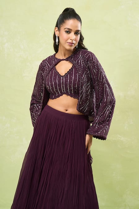 Shop_Samyukta Singhania_Wine Georgette Sequins, Beads V-neck, Round Embroidered Jacket And Lehenga Set 