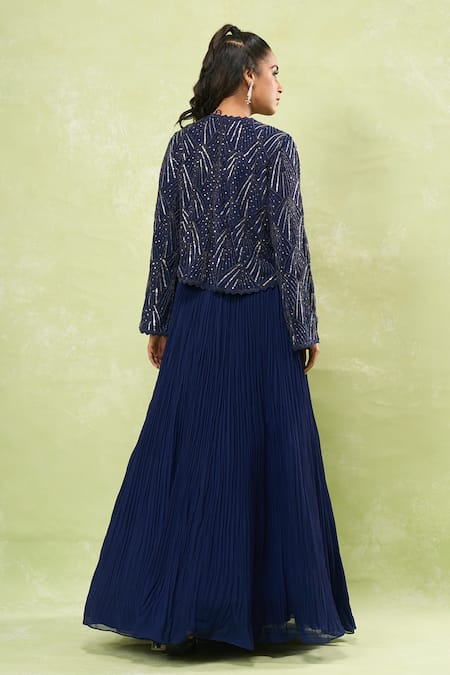 Shop Samyukta Singhania Blue Georgette Beads, Sequins V-, Round Embroidered Jacket Lehenga Set at Aza Fashions Shop_Samyukta Singhania_Blue Georgette Beads, Sequins V-, Round Embroidered Jacket Lehenga Set _at_Aza_Fashions