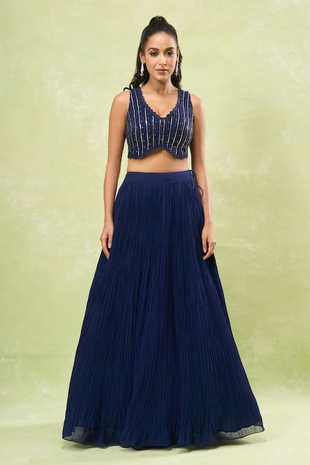 Buy Samyukta Singhania Blue Georgette Beads, Sequins V-, Round Embroidered Jacket Lehenga Set Online at Aza Fashions Buy_Samyukta Singhania_Blue Georgette Beads, Sequins V-, Round Embroidered Jacket Lehenga Set _Online_at_Aza_Fashions