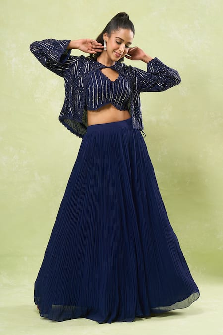 Shop Samyukta Singhania Blue Georgette Beads, Sequins V-, Round Embroidered Jacket Lehenga Set Online at Aza Fashions Shop_Samyukta Singhania_Blue Georgette Beads, Sequins V-, Round Embroidered Jacket Lehenga Set _Online_at_Aza_Fashions
