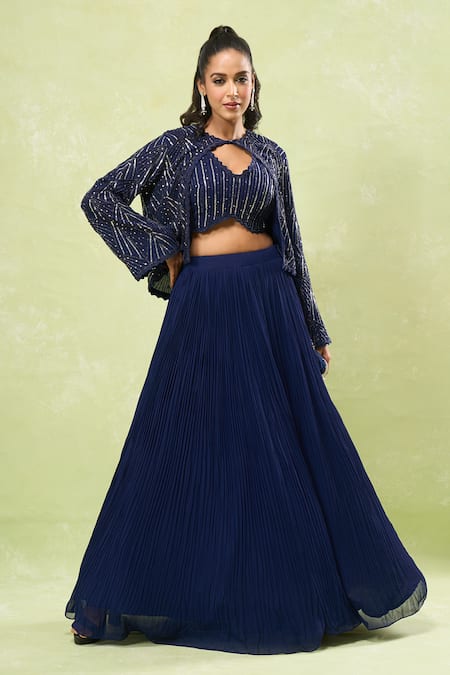 Samyukta Singhania Blue Georgette Beads, Sequins V-, Round Embroidered Jacket Lehenga Set at Aza Fashions Samyukta Singhania_Blue Georgette Beads, Sequins V-, Round Embroidered Jacket Lehenga Set _at_Aza_Fashions