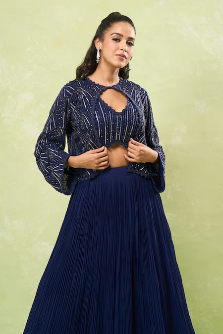 Buy Samyukta Singhania Blue Georgette Beads, Sequins V-, Round Embroidered Jacket Lehenga Set Buy_Samyukta Singhania_Blue Georgette Beads, Sequins V-, Round Embroidered Jacket Lehenga Set